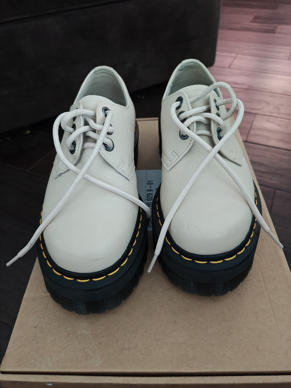Dr. Martens Cream Lace-Up Platform Oxfords with Yellow Welt Stitching